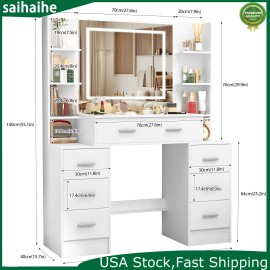 Yamissi Large Vanity Set Dressing Table with LED Lighted Mirror & 7 Drawers Makeup Desk