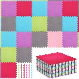 Timgle 18 Pcs Interlocking Carpet Plush Foam Shaggy Soft Square Carpet Tiles with Border 12" Fluffy Colorful Floor Mats 0.4" Thick Protective Puzzle Playroom Area Rug Playmat for Bedroom