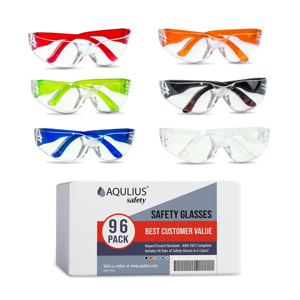 Aqulius 96 Pack of Safety Glasses (6 Colors - Protective Goggles) Anti Fog Clear Glasses. Nurses, Construction, Labs, Shooting Glasses Men Women