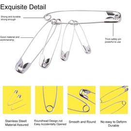 Cangfort 380 Pack Safety Pins, 5 Assorted Sizes of Durable, Silver Small and Large Safety Pins Bulk, Rust-Resistant Nickel Plated Steel, Sharp Edge Safety Pins for Clothes, Sewing, Arts & Craft