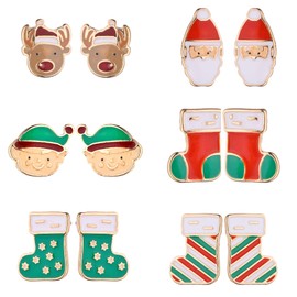 Lux Accessories Christmas Set of 6 Pairs Reindeer Red Green Stockings Santa Claus Elf Stud Earrings