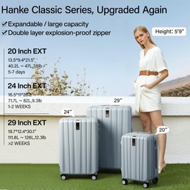 Hanke 20 Inch Expandable Carry on Luggage 22x14x9 Airline Approved Lightweight PC Hard Shell Suitcases with Wheels Tsa Luggage Rolling Suitcase Travel Luggage Bag for Weekender(Gray)