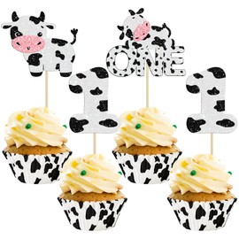 Gyufise 24Pcs Cow One Cupcake Toppers Glitter Farm Animals First Birthday Cupcake Picks Decorations for Baby Shower Kids Boys Girls 1st Birthday Party Supplies Black