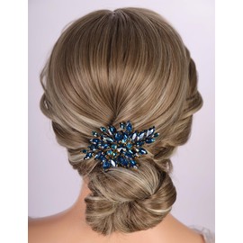 Teyglen Vintage Blue Rhinestone Bridal Hair Comb Bridal Crystal Side Comb for Wedding Hair Accessories Rhinestone Wedding Headpiece for Women Bridesmaid Party Prom(Peacock blue)
