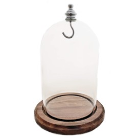 3"x4-1/2" Pocket Watch Glass Display Dome Cloche Real Walnut Wood Base & Silver/Chrome Metal hook