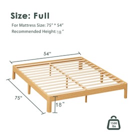ZIYOO 18 Inch Full Size Natural Bamboo Platform Bed Frame, Modern Minimalist Design, Easy Assembly, Heavy Duty Support, No Box Spring Needed