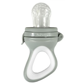 RaZbaby - Comedero de frutas para bebé, chupete de alimentos | Juguete de dentición infantil de 6 M+, añade fruta congelada favorita del bebé o comida fresca para aliviar la dentición, bolsa de silicona/pezón, sin BPA … (gris)