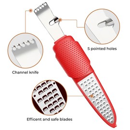 Pisol Lemon Citrus Orange Zester and Grater Tool, Cheese Grater & Vegetable Grater for Lime, Garlic, Ginger, Chocolate, Fruits, Dishwasher Safe, Red