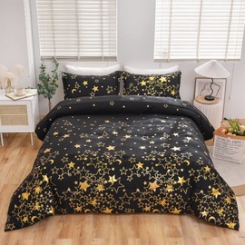 Raytrue-X King Comforter Set Black Gold Star Metallic Glitter Bedding Comforter Sets All Season Bed Comforter King Set Bronzing Effect 3pcs Lightweight King Size Bedding Sets with 2 Pillow Shams