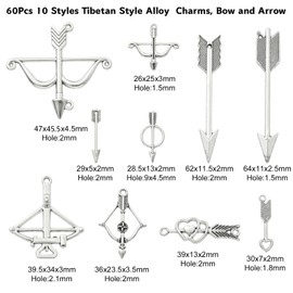 DanLingJewelry 60Pcs 10 Styles Antique Silver Bow and Arrow Charms Tibetan Archery Charms for Jewelry Making Bracelet Necklace