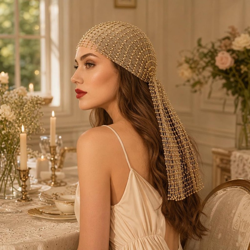 Gold Headpiece, 90cm Chainmail Sequin Bandana Hair Accessory