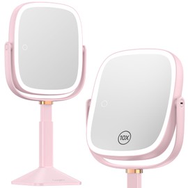 Gospire Rectangle Lighted Makeup Mirror with Lights 3 Color, Height Adjustable and 1X/10X Magnifying, 4000mAh Rechargeable Battery for Bedroom, 8.5”x7.4” Large Surface, Stepless Dimming - Pink
