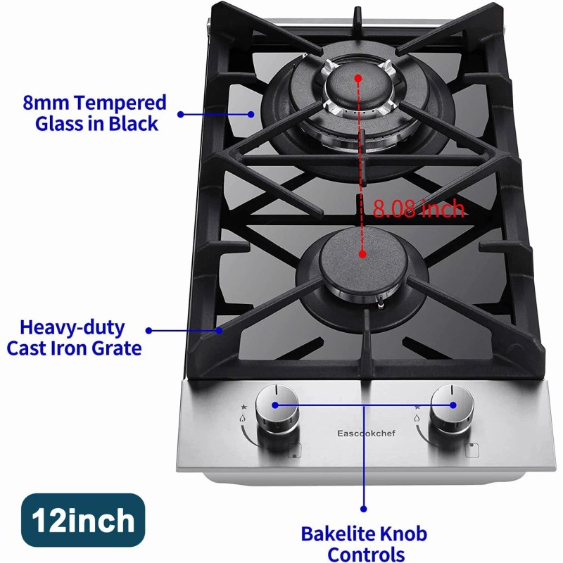 Eascookchef Gas Cooktop 12" Black Tempered Glass 2 Burners Built-in