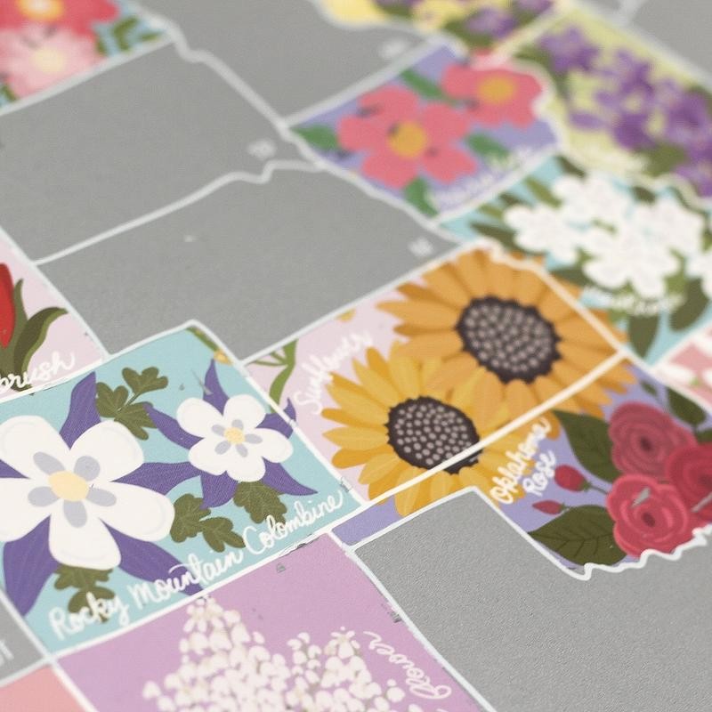 Jetsettermaps Scratch Your Travels USA State Flowers Map - Colour:
