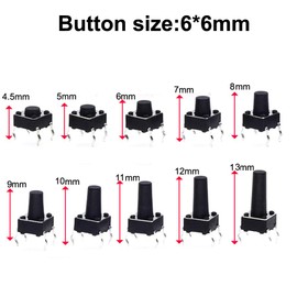 Gebildet 200 pieces 6 x 6 mm long feet tactile push button switch (6 x 6 x 4.5/5/6/7/8/9/10/11/12/13 mm), micro momentary tact assortment kit (each size 20 pieces) used in electronics