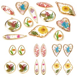 12 Pcs Dried Pressed Flower Charms for Jewelry Making, Alloy Epoxy Resin Pendants Teardrop Heart Rhombus Open Back Bezel Pendants for Necklace Earring Jewelry Making