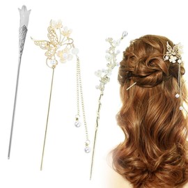 UEIOAVL Hair Clips 3 Pack Rhinestone Hair Clips Chinese Hair Clips Vintage Tassel Hair Sticks Bun Beads Hair Accessories for Girls