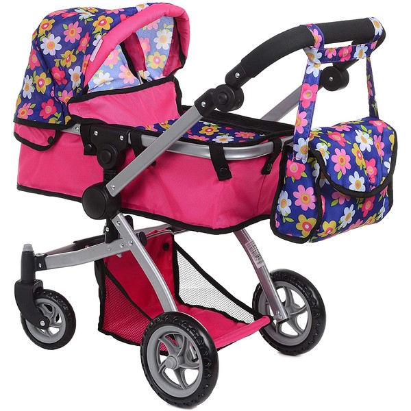 fash n kolor Exquisite Buggy | Foldable Pram for Baby Doll with Polka Dots Design with Swiveling Wheel Adjustable Handle (Flower)