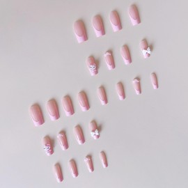 24Pcs French Tip Press on Nails Medium Pink False Nails with Bow Design, Cartoon Cute Nails Press ons Pink Stick on Nails Acrylic Nails Square False Nails for Women