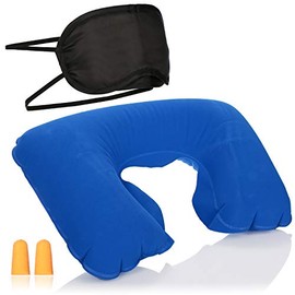 com-four® 3 Piece Travel Set - Inflatable Neck Pillow, Eye Mask and Earplugs - Travel Accessories for Airplane, Car, Bus and Train (Blue)