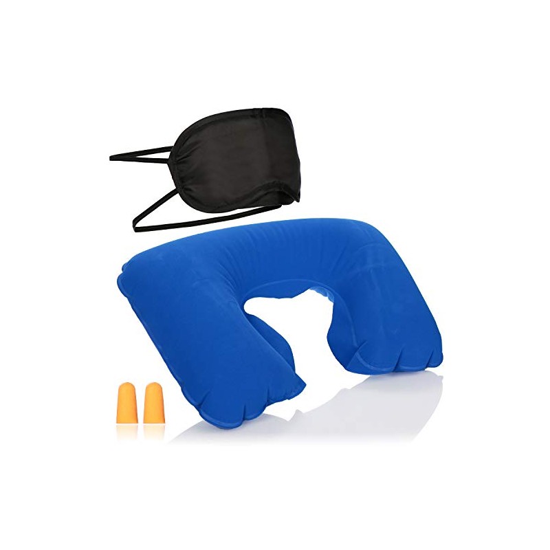 com-four® 3 Piece Travel Set - Inflatable Neck Pillow, Eye