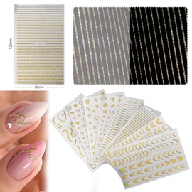 DANNEASY 8 Sheets French Tips Stripe Nail Art Stickers Glitter Gold Nail Stickers Holographic Nail Decals Self-Adhesive Nail Design Stickers Manicure Sticker Nail Decoration for Acrylic Nails
