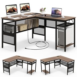 COSTWAY L Shaped Desk with Charging Station, 55” Reversible Corner Computer Desk with Mesh Storage Shelves, CPU Stand, 2 Person Gaming Desk Computer Workstation for Home Office