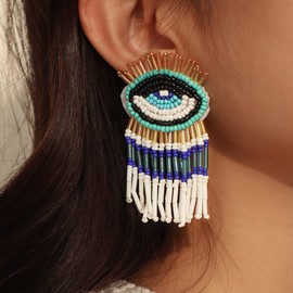 Boho Beaded Evil Eye Statement Drop Dangling Earrings for Women Vintage Acrylic Tassel Colorful Rice Beads Chain Dangling Stud Bohemian Jewelry Delicate