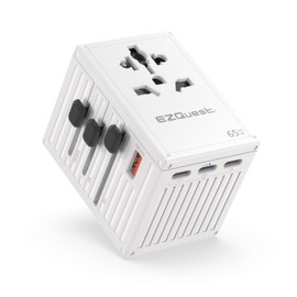 EZQuest WorldTravel 65W GaN 5-Port Wall Charger - Compact Universal Travel Adapter with 4 Plug Types (US/UK/EU/AU) for 200+ Countries - 4X USB-C & 1x USB-A Ports, PD Fast Charging - White