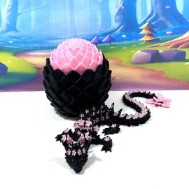 3D Printed Dragon with Egg, Articulated Black and Pink Cherry Blossom Dragon, Fidget ADHD Toy, Executive Desk Toy D083-BPE
