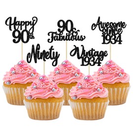 30 piezas de decoración para cupcakes de 90 cumpleaños con purpurina impresionante desde 1933 noventa 90 fabulosos palillos clásico de 1933 para cupcakes de 90 cumpleaños, aniversario, jubilación, fiesta, decoración de pasteles, suministros color negro