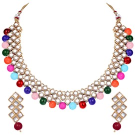 Aheli Ethnic Faux Kundan Pearl Fancy Bridal Choker Collar Joyería tradicional india de Bollywood Set con pendientes para mujeres (multicolor)