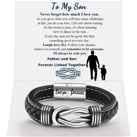 QWNHONEY Gifts for Son from Dad Infinity Knot Leather Bracelet Birthday Christmas Anniversary Mens Black Braided Cuff 9 Inches