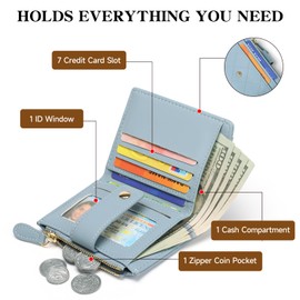 GOIACII Wallet for Women Small Credit Card Holder with Zipper Coin Pocket Vegan Leather Blue