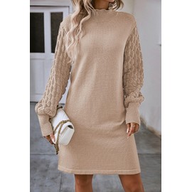 Sovoyontee Women's 2024 Fall Long Sleeve Mock Neck Sweater Dress Casual Loose Ribbed Knit Mini Short Pullover Dresses Almond S