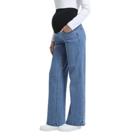 CFRTMTBB Women's Maternity Jeans Straight Legs Relaxed Fit Over Belly Comfy Stretch Pregnancy Denim Pants with Pockets (Light Blue,L)