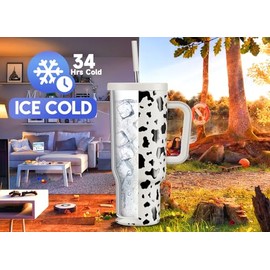 Meoky 40 oz Vaso Térmico con Asa y Pajita, Taza de Café de Acero Inoxidable Aislado, 100% A Prueba de Fugas, Mantiene las Bebidas Frías Hasta 34 Horas, Base Apta para Portavasos (Vaca)