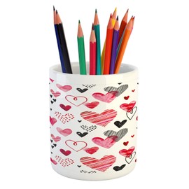 Ambesonne Valentine Pencil Pen Holder, Different Types of Heart Shapes Romance Love Theme Watercolor Striped Art, Printed Ceramic Pencil Pen Holder for Desk Office Accessory, Pink Black White