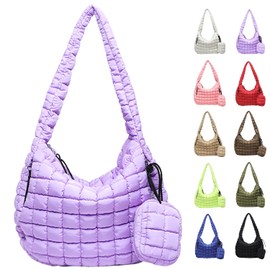 Bagtopia Puffer Tote Bag for Women, Large Quilted Puffer Bag with Mini Pouch, Lightweight Puffy Quilted Hobo Bag, Soft Padded Shoulder Handbag, Puff Crossbody Purse for Work,Gym,Travel, Purple