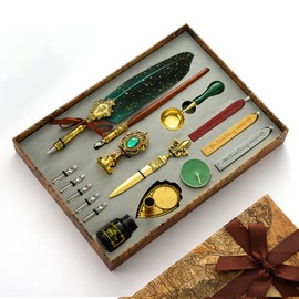 JasCherry Nib with Ink Set - Vintage Calligraphy Pen with Wax Seal Stamp, Feather Quill Set with 1 Ink & 5 Replacement Nibs in Gift Box for Birthday, Christmas, Valentine's Day