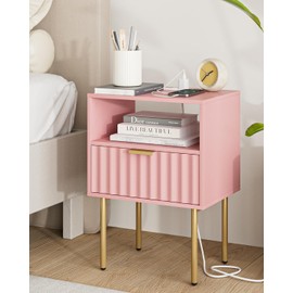 Aienvey Night Stand with Charging Station, Fluted Bedside Table with Gold Frame, Side Table with Drawer and Shelf for Bedroom, Living Room, Pink