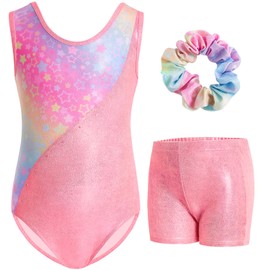 Gogokids Girls Three Piece Gymnastics Set with Shorts, Kids Sleeveless Gymnastics Leotard with Gems, Sparkling Girls Gymnastics Outfit, Sporty Dancewear for Children Aged 3-12 Years, pink