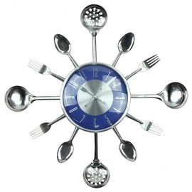 Timelike Wall Clock, 18" Metal Cutlery Utensil Kitchen Spoon Fork Wall Clock Creative Modern Home Decor Antique Style Wall Watch (Blue)