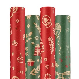 Anvure Christmas Wrapping Paper (4 Rolls: 93 sq. ft. ttl.) Kraft Set Featuring Santa Claus, Snowman & Xmas Presents, Red & Green Holiday Designs for All Gift Wrap Needs 17 Inch X 16.4 Feet Per Roll