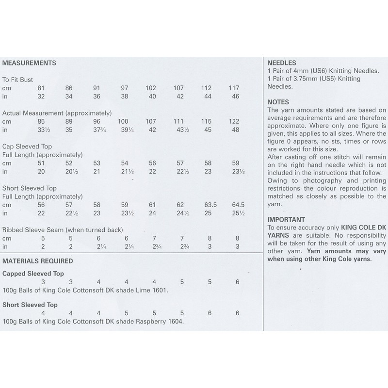 King Cole 4344 Knitting Pattern Easy Knit Tops in King