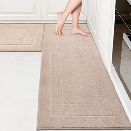 PURRUGS Machine Washable Kitchen Rug Set of 2, Non-Slip/Skid Kitchen Runner Rugs & Floor Mats, Super Absorbent Soft Standing Mats for Kitchen, Laundry & Sink, Rolled Packaging, Beige