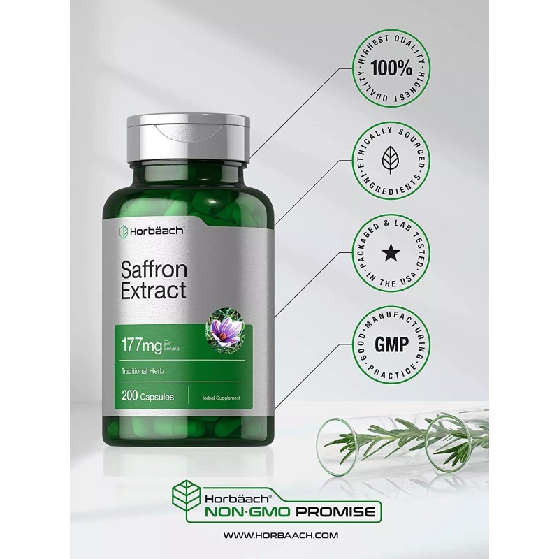 Horbäach Saffron Extract 177 mg | 200 Capsules | Non-GMO,