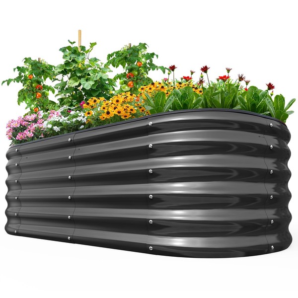 Quictent Galvanized Raised Garden Bed Kit, 6x3x1.5 ft Oval Metal Planter Box Tall for Vegetables Outdoor Backyard, Rubber Strip Edging and Weed Barrier Included (Dark Gray)