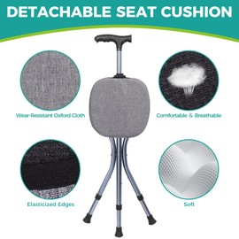 Folding Cane with Seat,Adjustable Walking Stick for Seniors,Lightweight Walking Cane with LED Light,Height Adjustment Cane Seat,Portable Cane Chair,Sturdy Crutches Stool,Supports up to 250 lbs