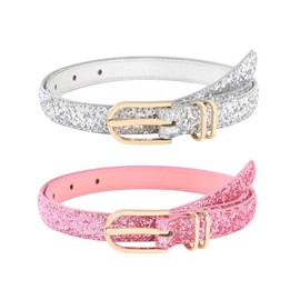 Monopa Kids Leather Belts for Girls - 2 Pack Toddler Girls Skinny Leather Belts for Jeans with Gold Buckle (Sequin Silver+Sequin Pink,80cm)